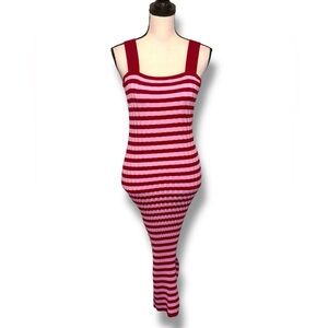 Merokeety Striped Red and Pink Knit Bodycon Midi Dress Side Slit Size Medium